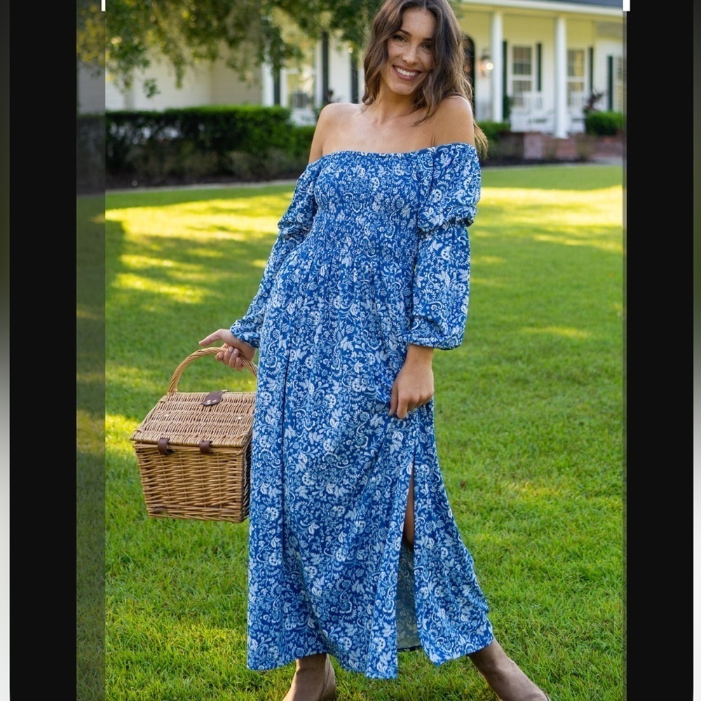 Cabana Life Aspen Puff Sleeve Blue Maxi Dress Sz Large Smocked Top Travel - Picture 4 of 16